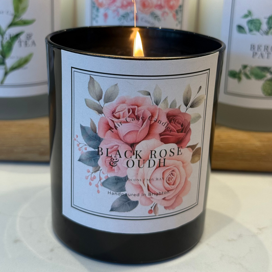 Black Rose and Oudh candle hand-poured in Brighton, Sussex by Fair Cake Candles.