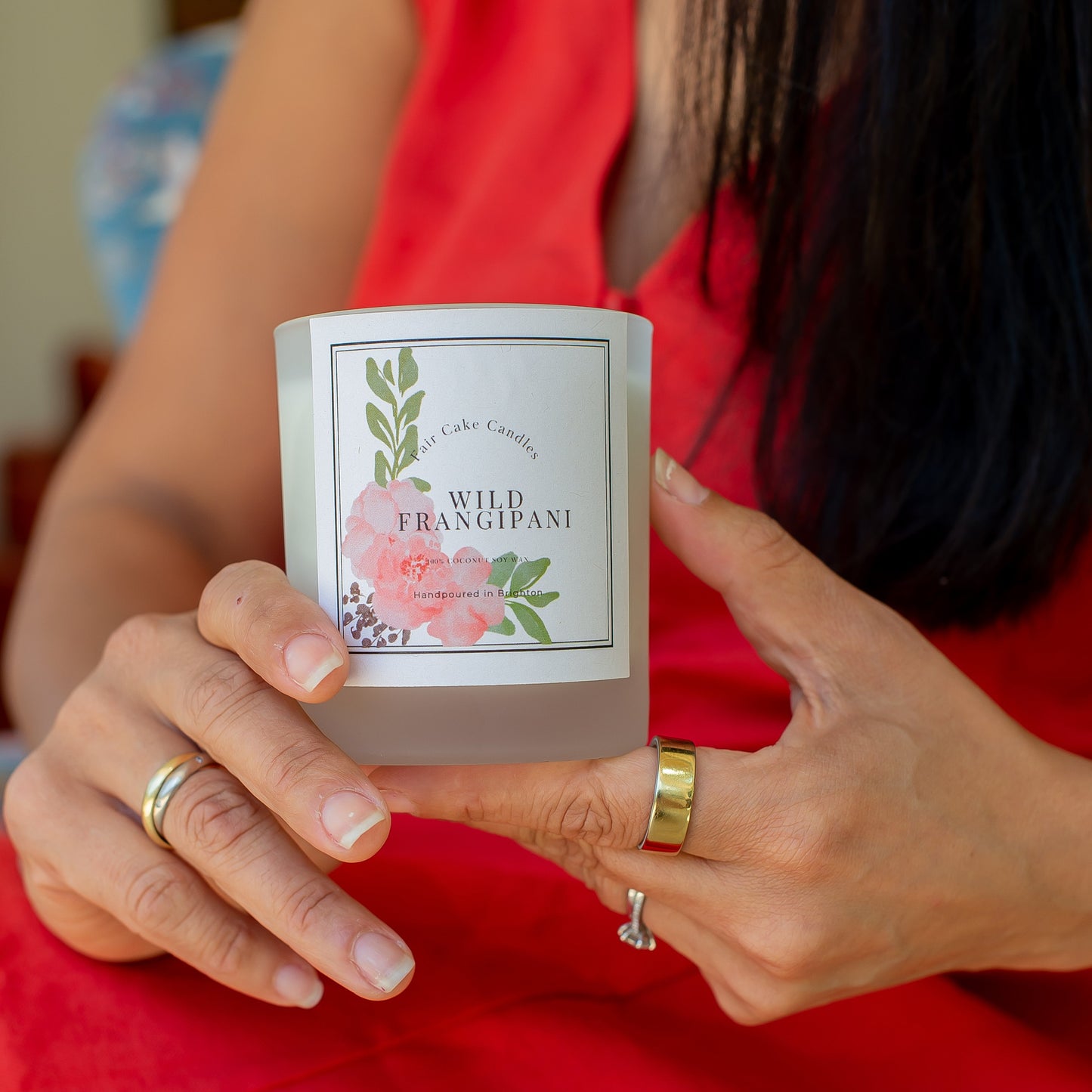 Wild Frangipani scented candle by Fair Cake Candles.