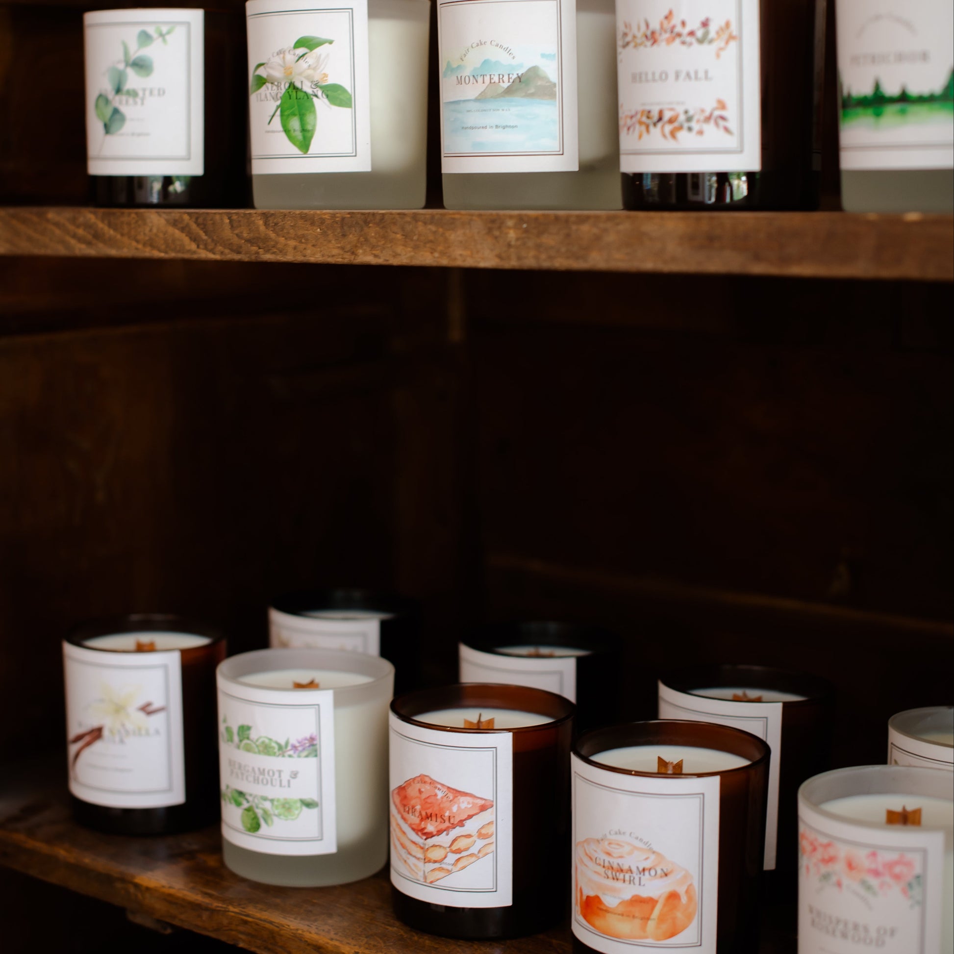 Fair Cake Candles Full Range. Hand poured in Brighton. Coconut soy wax natural ingredients.