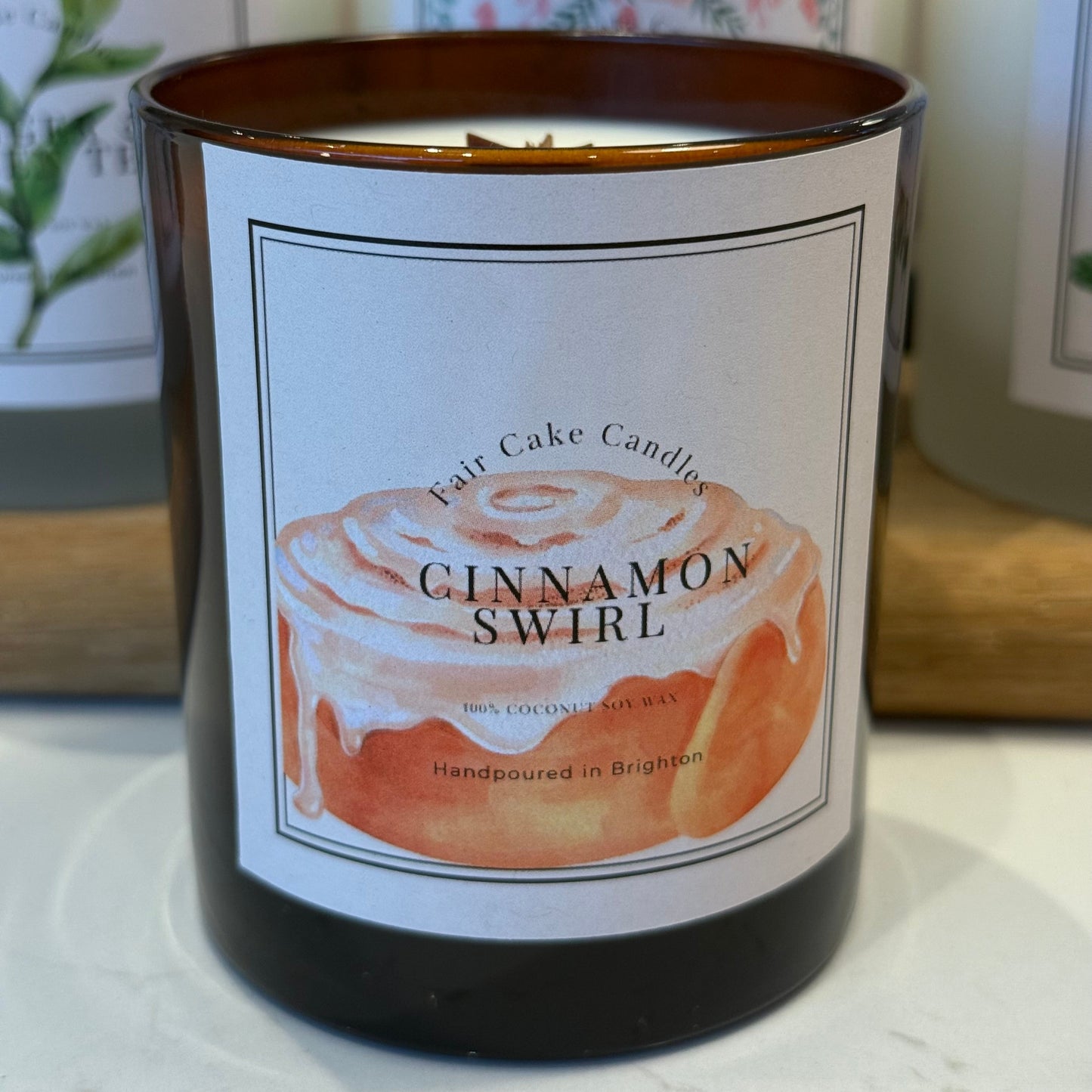 Cinnamon Swirl scented candle by Fair Cake Candles. Hand poured using soy wax in Brighton.