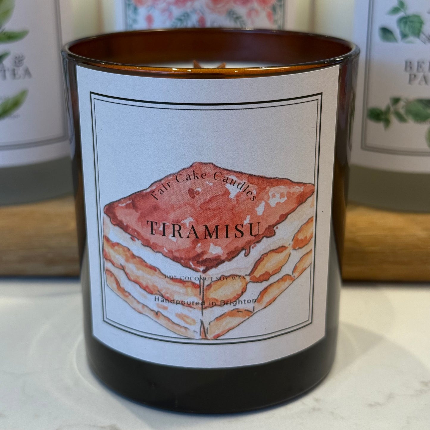 Tiramisu scented candle by Fair Cake Candles. Hand poured using coconut soy wax in Brighton.