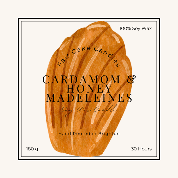 Cardamom and honey madeleines scented soy wax candle by Fair Cake Candles. Hand poured in Brighton.