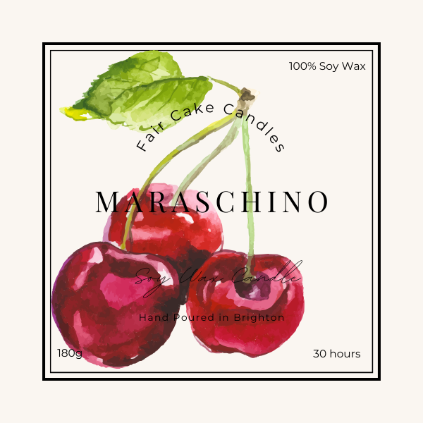 A soy wax candle labeled 'Maraschino' with an image of cherries on the label, indicating a fragrance of maraschino cherries and a weight of 180g with a burn time of 30 hours.