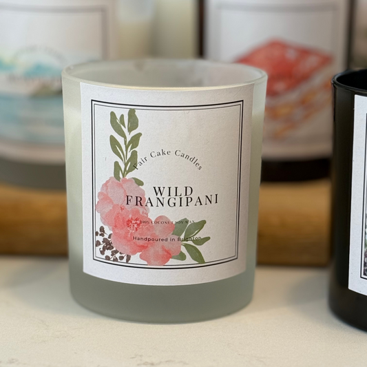 Hand poured Wild Frangipani scented candle by Fair Cake Candles