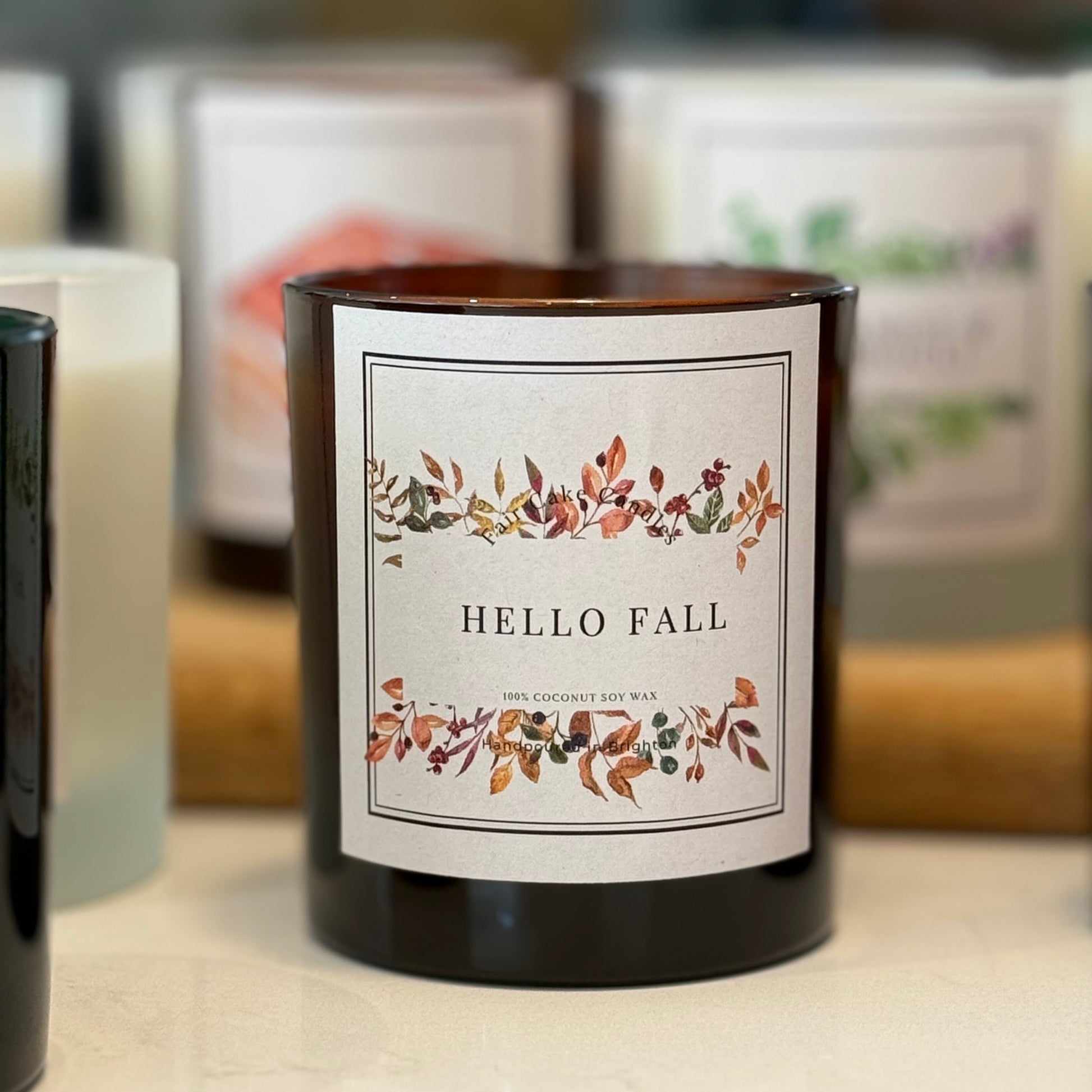 Hello Fall autumnal Candle by Fair Cake Candles in a glass jar